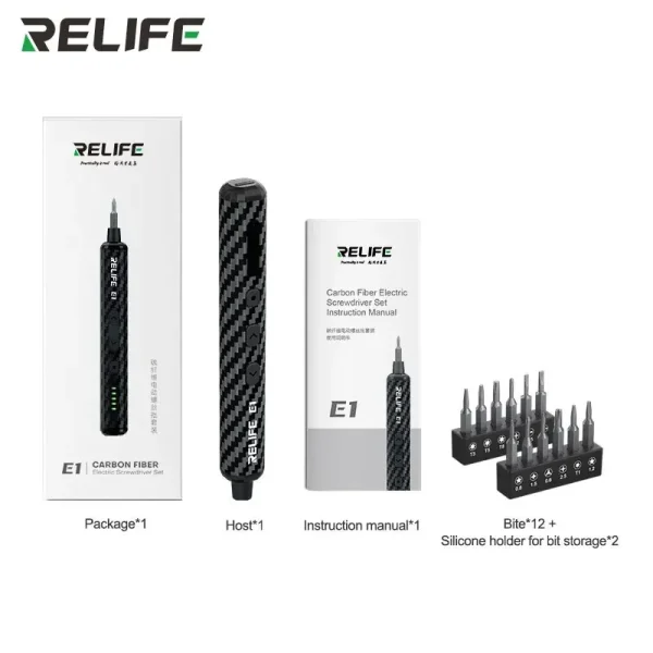 RELIFE E1 Carbon Fiber Electric Screwdriver Set 5-speed Speed Forward/reverse Rotation with LED Light for Mobile Phone Repair