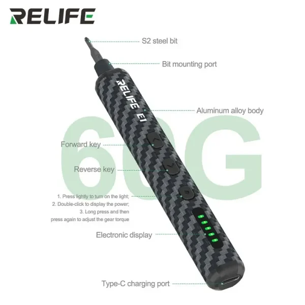 RELIFE E1 Carbon Fiber Electric Screwdriver Set 5-speed Speed Forward/reverse Rotation with LED Light for Mobile Phone Repair - Image 6